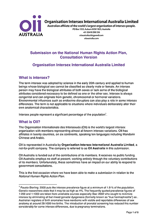 Organisation Intersex International Australia Limited: Submission on the National Human Rights Action Plan, Consultation Version