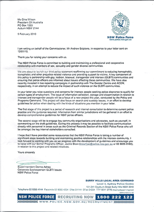 Letter to OII Australia from Superintendent Donna Adney, Corporate Spokesperson GLBTI Issues, NSW Police Force.<br>