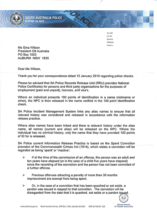 Letter in reply from Kylee Humphries of South Australia Police, page 1.