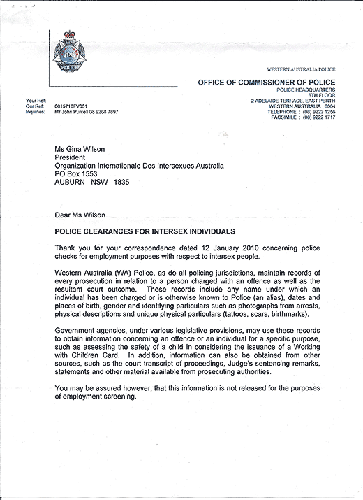 Reply from Karl J. O'Callaghan APM, Commissioner of Police, Western Australia Police, page 1. 