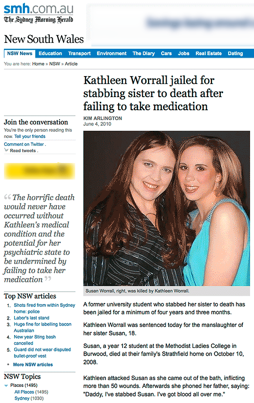smh.com.au: Kathleen Worrall jailed for stabbing sister to death after failing to take medication
