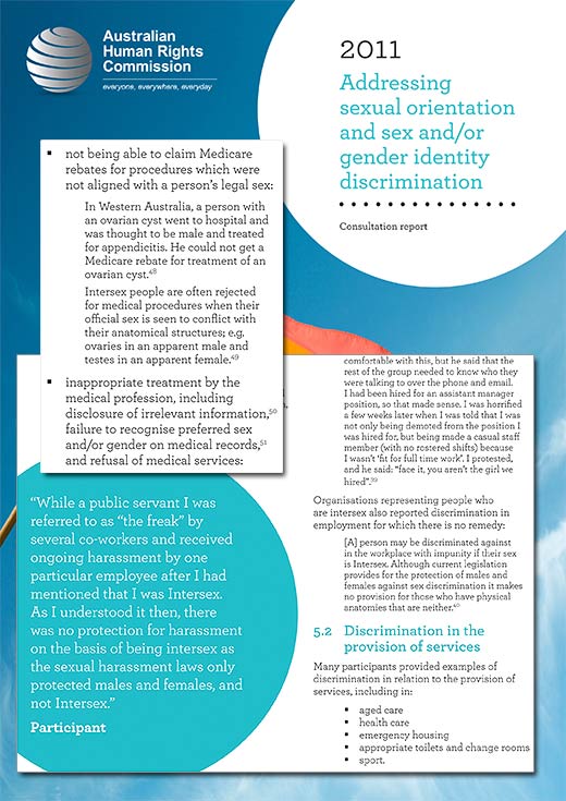 Australian Human Rights Commission’s report titled Addressing sexual orientation and sex and/or gender identity discrimination addresses discrimination against LGBTI Australians including intersex people.