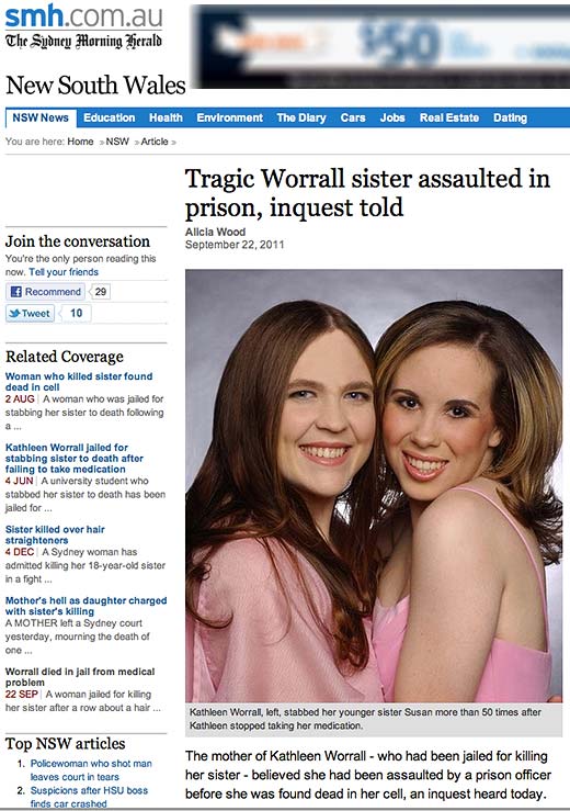 smh.com.au: Tragic Worrall sister assaulted in prison, inquest told - click to read this article.