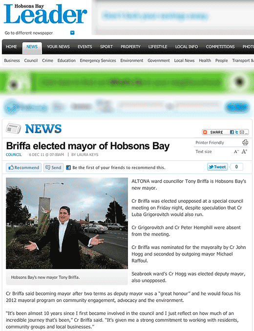 Hobson Bay Leader: Briffa elected mayor of Hobsons Bay - click to read this article.